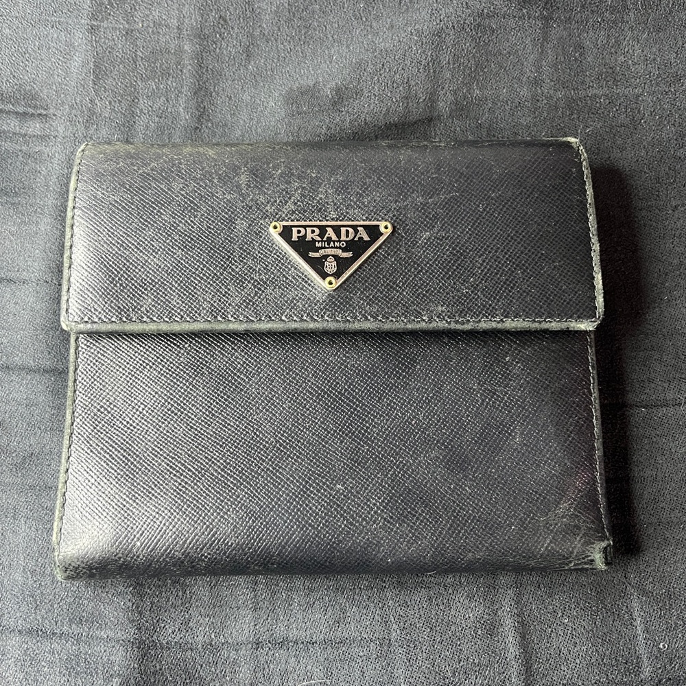 Authentic PRADA Bi Fold TESSUTO Nylon Saffiano Leather Wallet Black